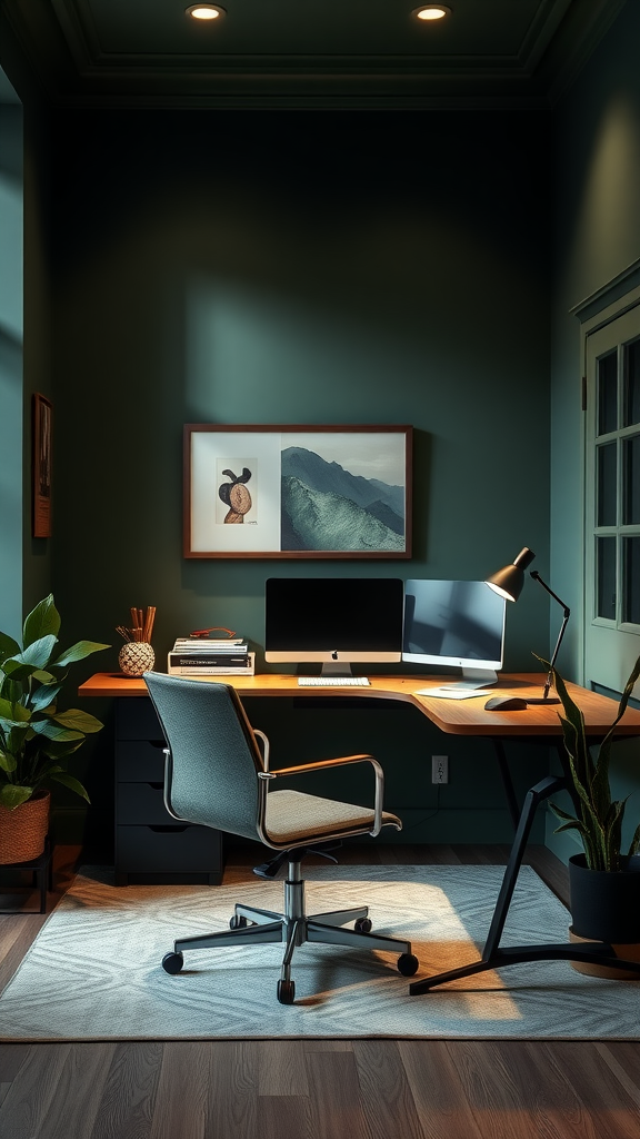 A cozy home office with dark green walls, a wooden desk, and plants, creating a calming atmosphere.