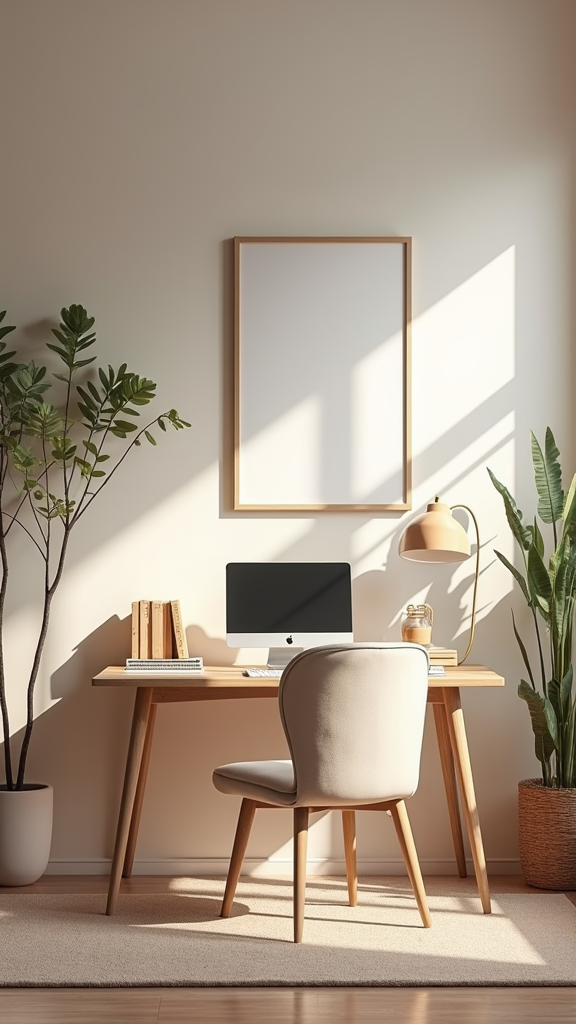 A feminine home office with a desk, computer, and plants, showcasing a calming and classy workspace