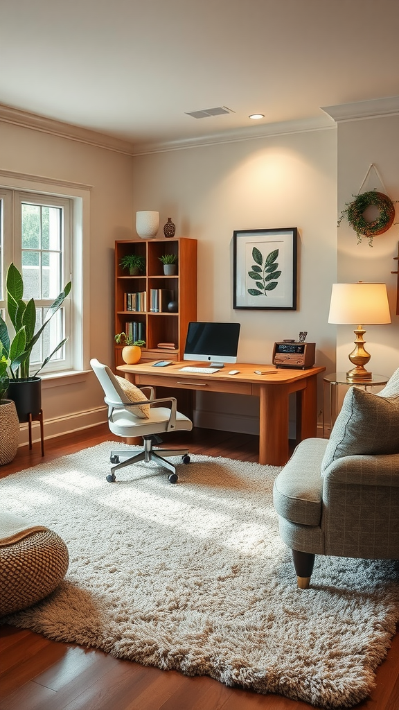 A cozy home office with a desk, chair, and soft rug, complemented by plants and warm lighting.