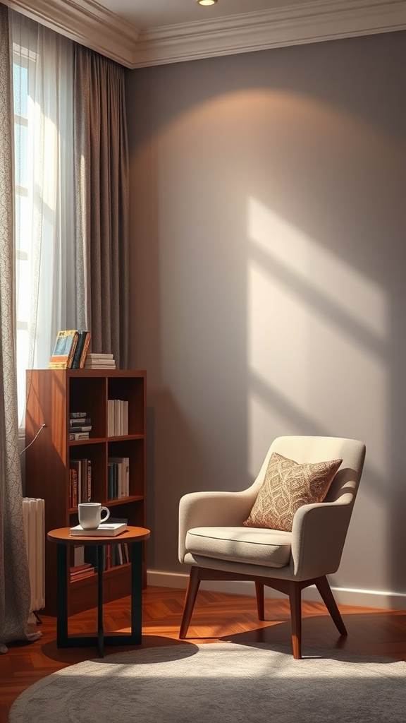 A cozy reading nook with a comfortable chair, a small table, and a bookshelf filled with books.