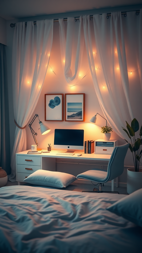 A cozy bedroom with soft lighting, a neatly arranged desk, and a comfortable bed.