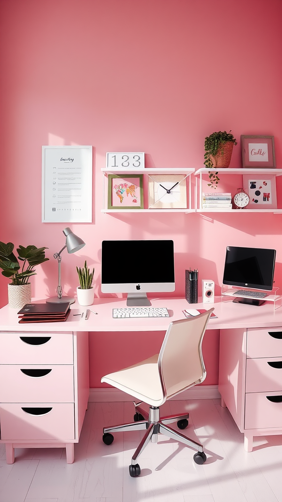 A cozy home office with pink walls, a desk, and modern decor.