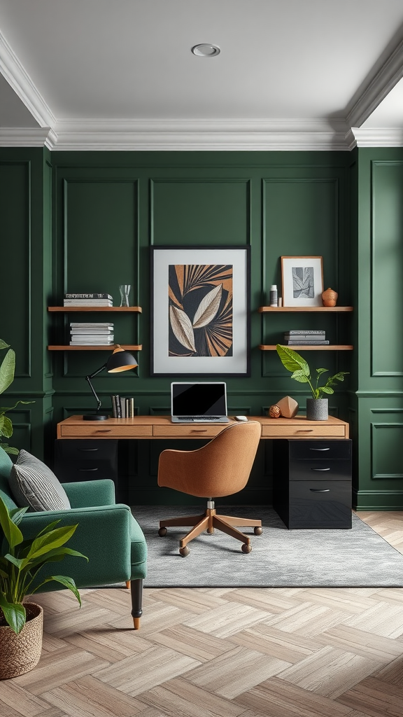 A stylish office featuring dark green walls, a wooden desk, and a cozy chair