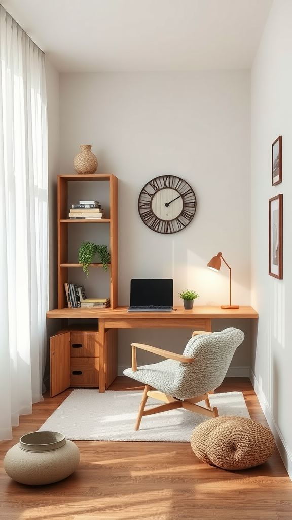 A cozy, minimalistic workspace with a wooden desk, a comfortable chair, and plants.