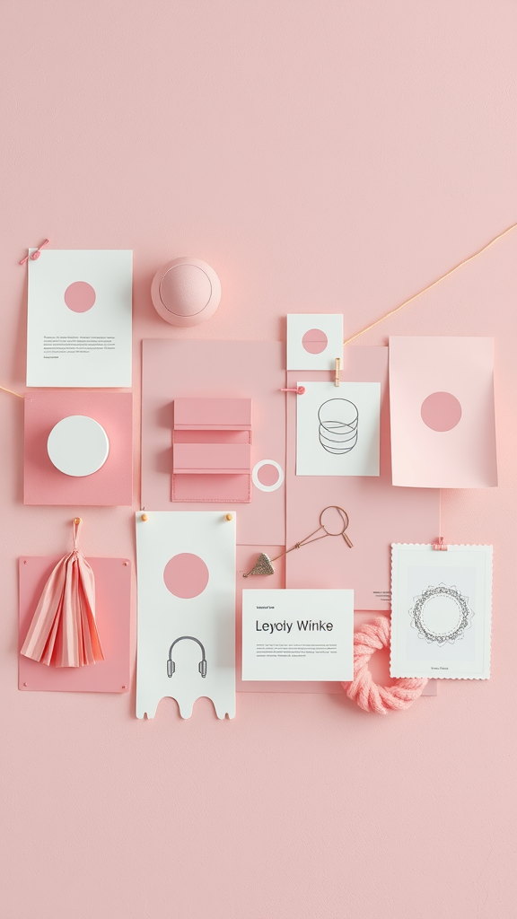 A mood board featuring various pink elements including papers, a ball, and decorative items.