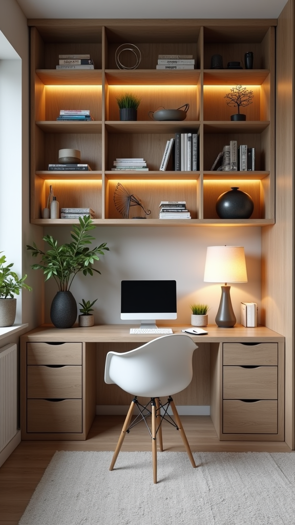 A feminine home office with stylish shelving, a desk and computer, plants, and decorative elements.