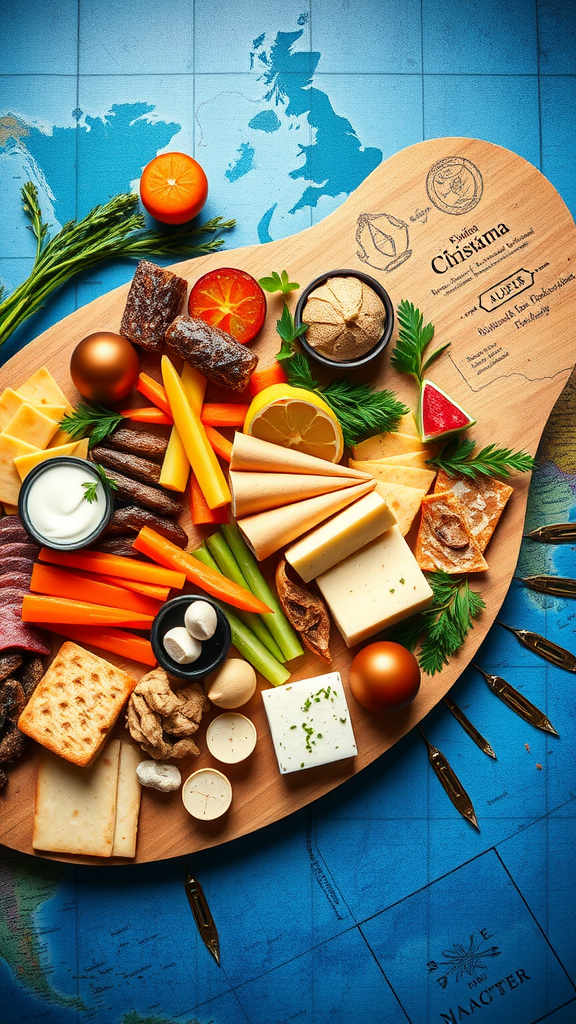 A beautifully arranged charcuterie board with various cheeses, meats, fruits, and snacks on a map background.