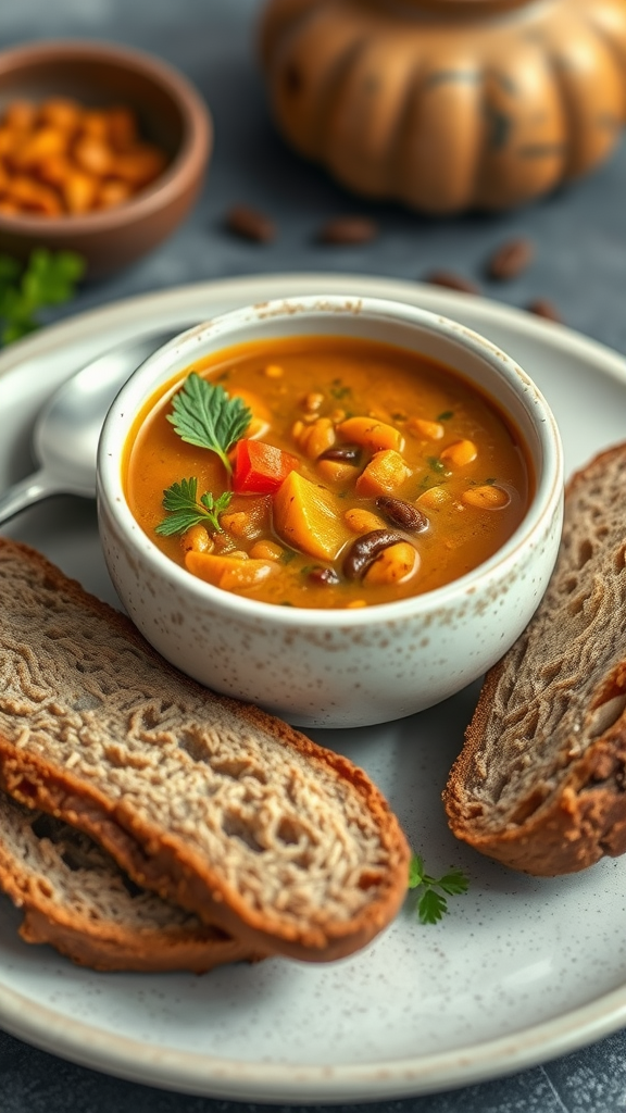 Bowl of curried lentil soup with bread slices on the side