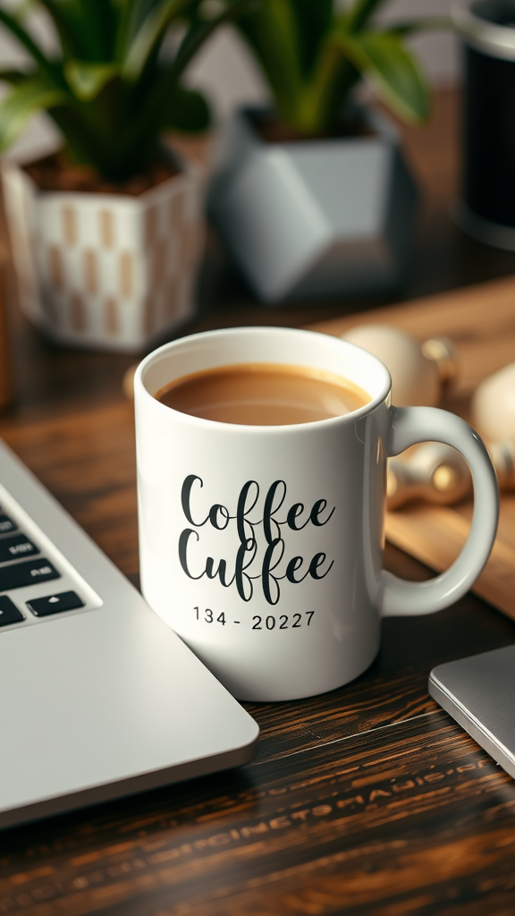 A customized coffee mug on a wooden table next to a laptop and plants.