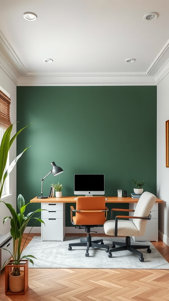 Home office with dark green accent wall, wooden desk, and plants.