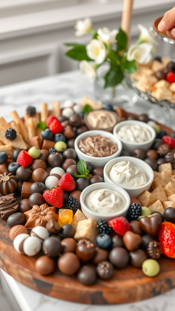 A chocolate charcuterie board with various chocolates, fruits, and dips arranged beautifully.