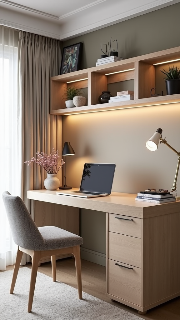 A modern feminine home office with a light wood desk, decorative shelving, and soft pink flowers.