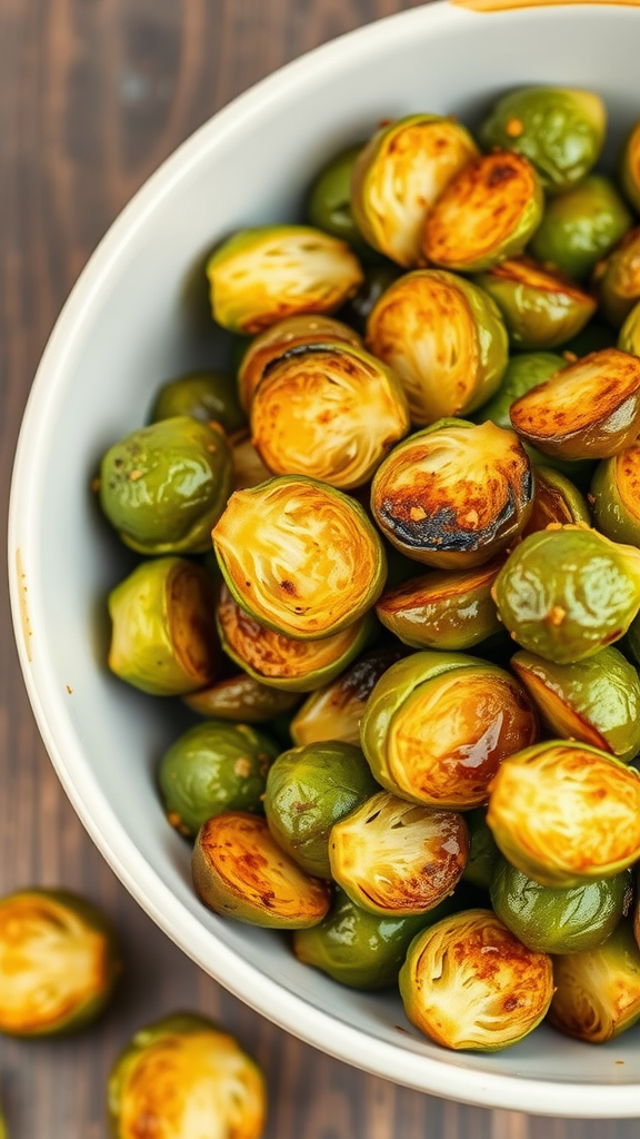 A bowl of roasted Brussels sprouts with a golden glaze