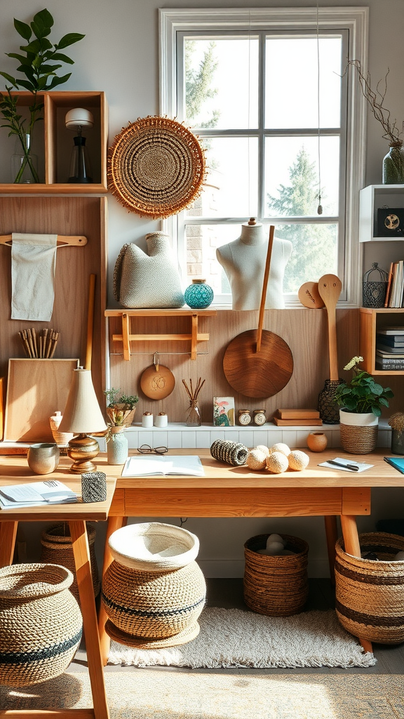 A cozy workspace featuring natural materials and handmade decor items.