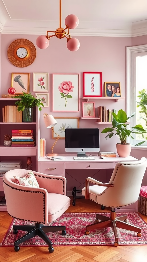 Cozy home office with an eclectic mix of pink shades, featuring a desk, two chairs, plants, and artwork.