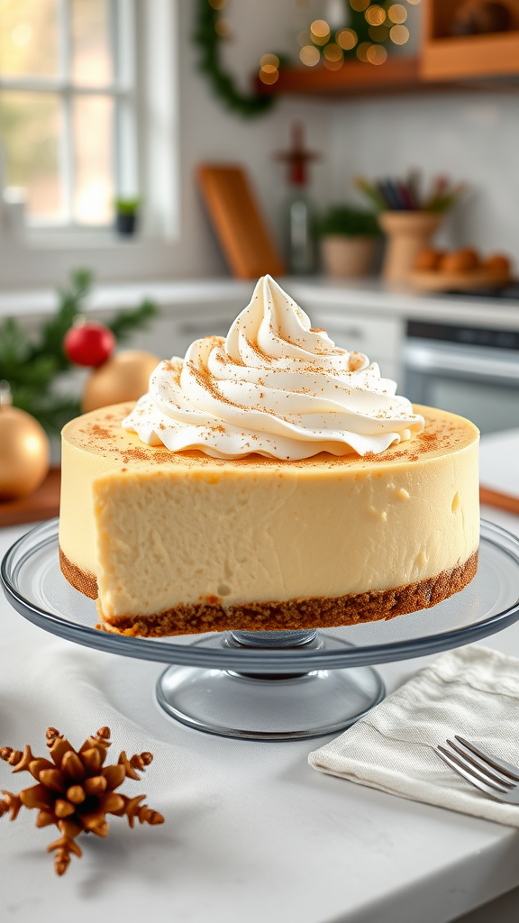 A delectable eggnog cheesecake topped with whipped cream and nutmeg, displayed in a cozy kitchen setting.