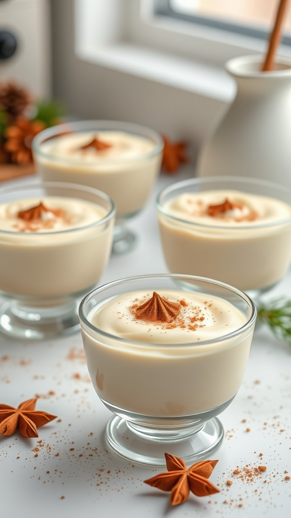 Eggnog panna cotta in glass cups, topped with nutmeg and star anise.