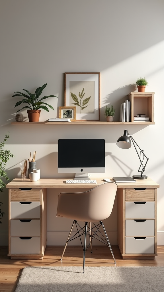 A stylishly organized home office with a wooden desk, computer, and plants.