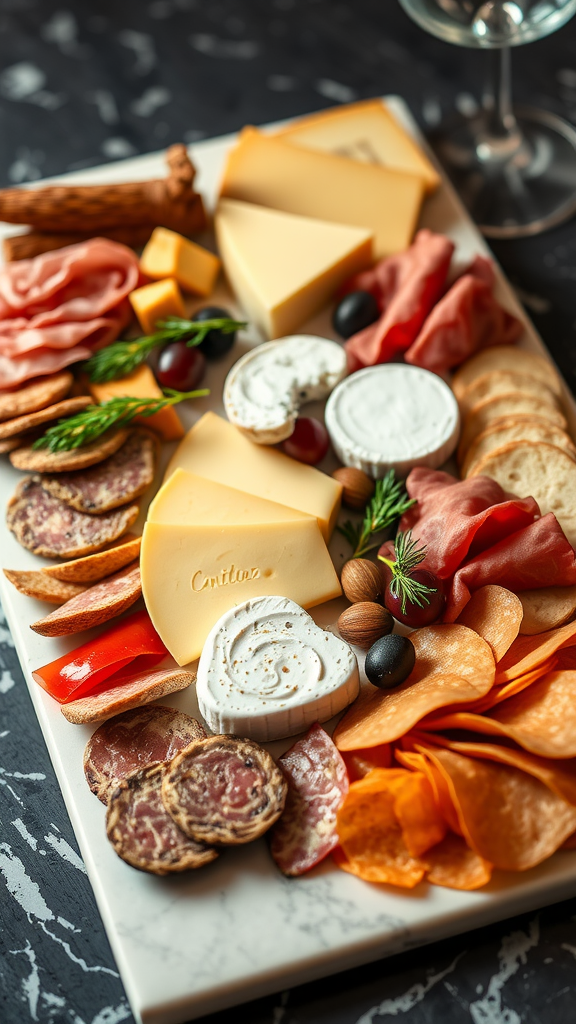 A beautifully arranged charcuterie board with various cheeses, cured meats, and accompaniments.