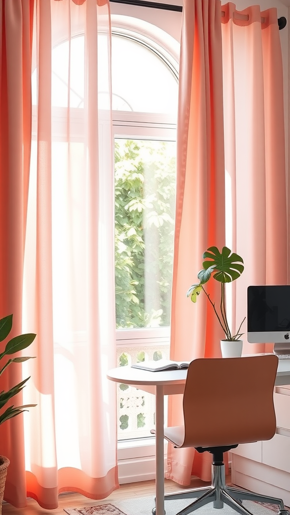 Bright pink curtains in a cozy home office setting