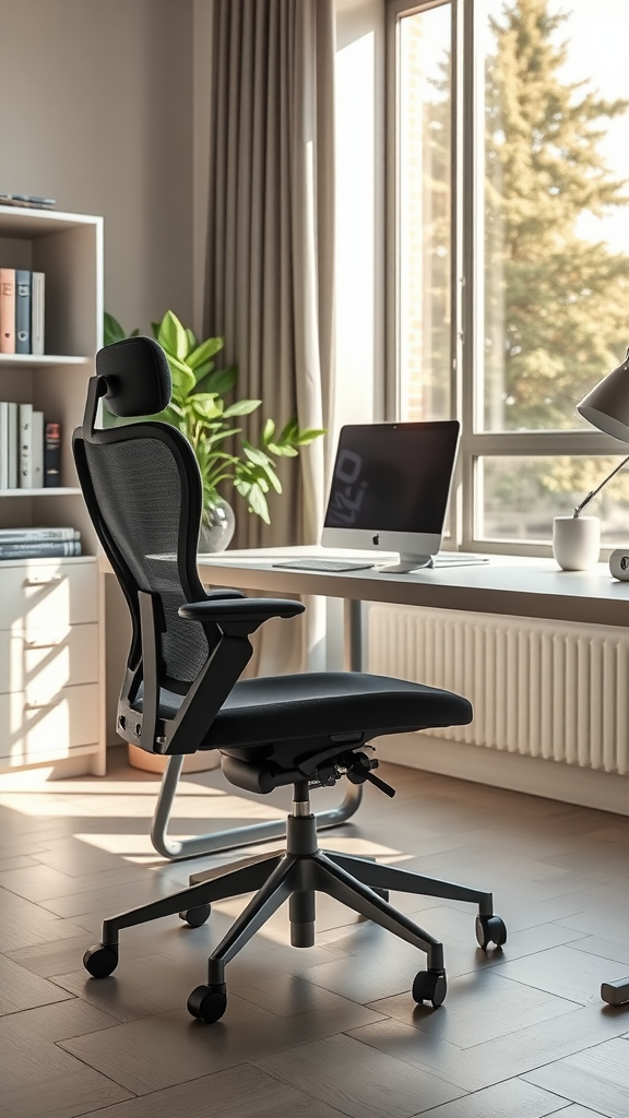 A modern ergonomic office chair positioned in a bright home office.