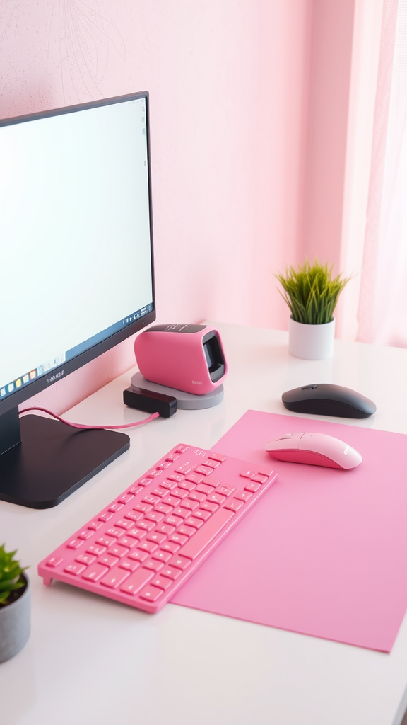 A bright pink workspace with a keyboard, mouse, and a plant.