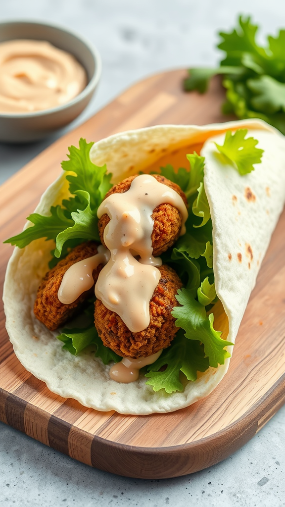 A falafel and tahini wrap with greens on a wooden board.