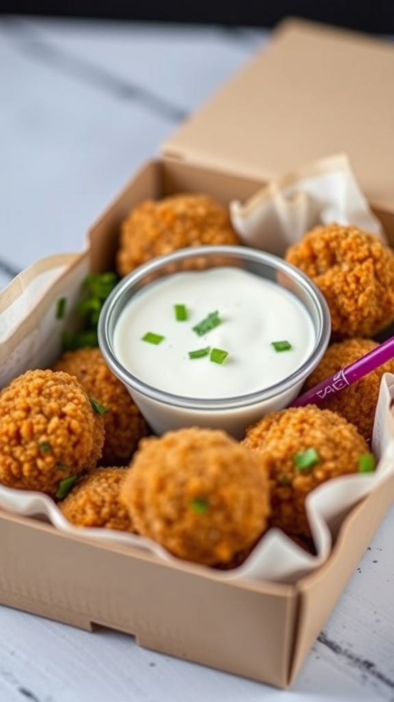 A takeout box filled with golden falafel balls and a bowl of tzatziki sauce