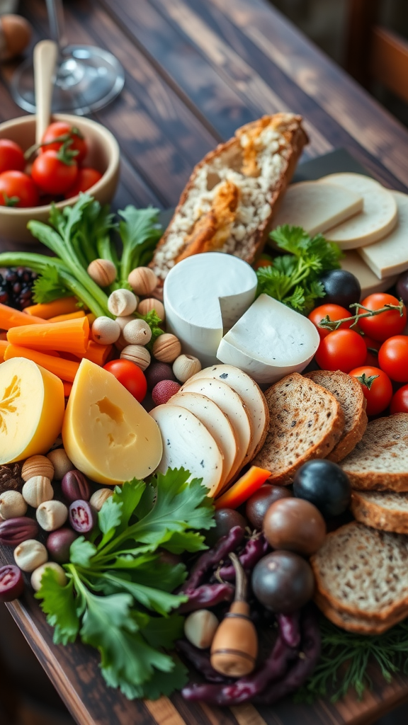 A colorful display of fresh vegetables, cheeses, and bread arranged on a wooden board.