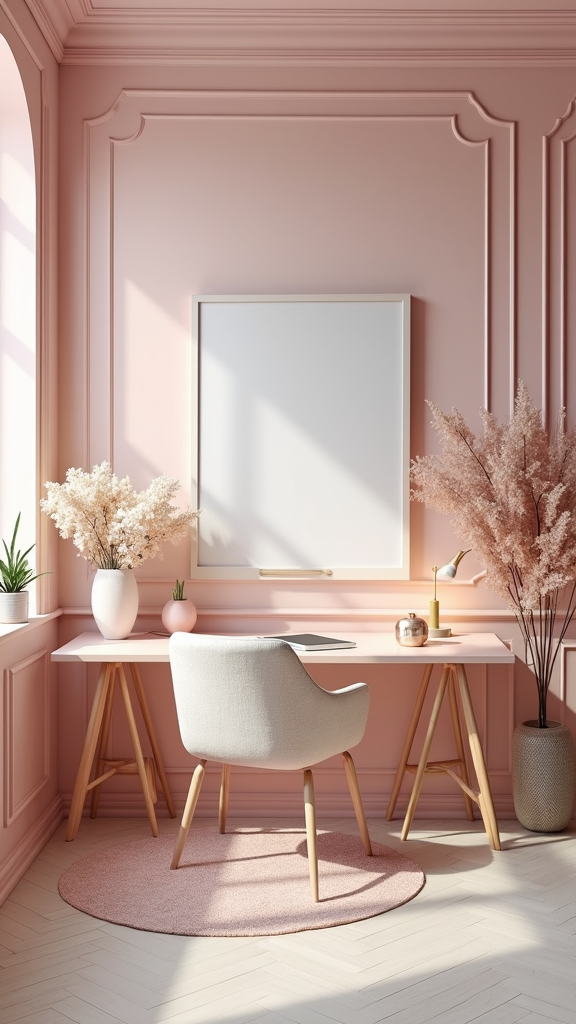 A feminine home office with pink walls, stylish desk, and elegant decor.