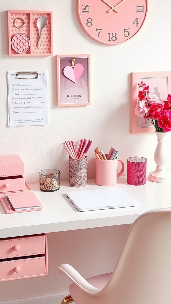 A cozy home office desk featuring pink feminine accessories, including a clock, decorative frames, and colorful pens.