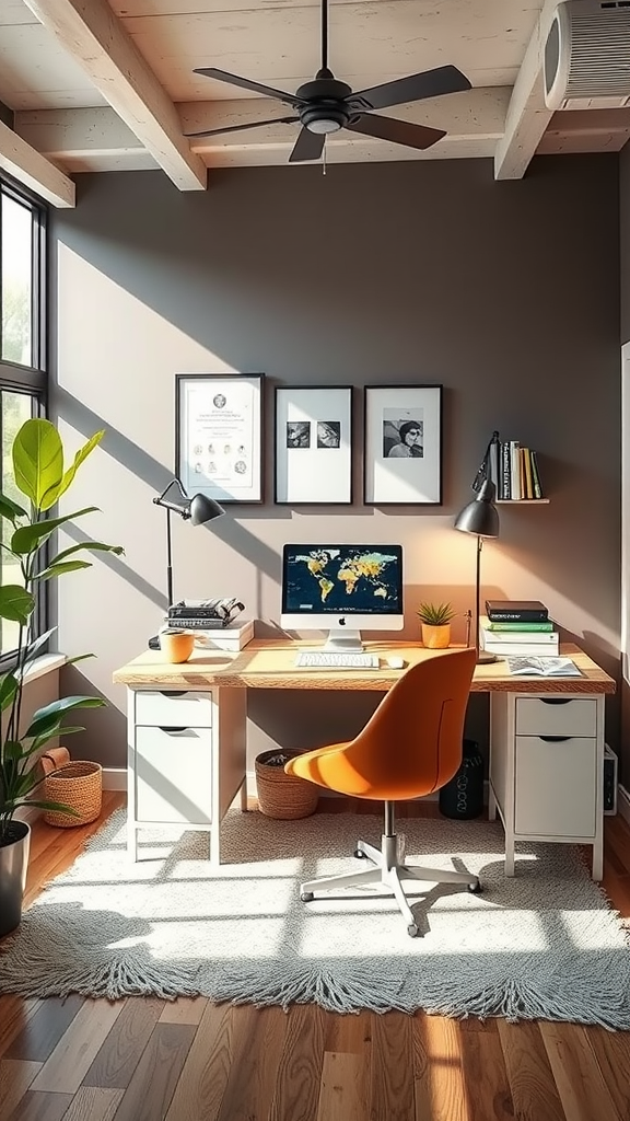 A modern home office featuring a wooden desk, an orange chair, and plants, illuminated by natural light.