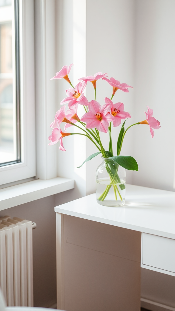 A vase with pink flowers on a white table near a window