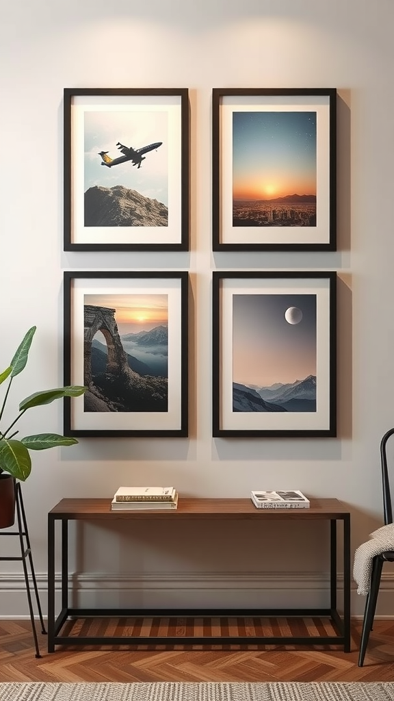 Four framed art prints featuring an airplane, a sunset, a mountain landscape, and a moonlit scene, displayed above a wooden table with books.