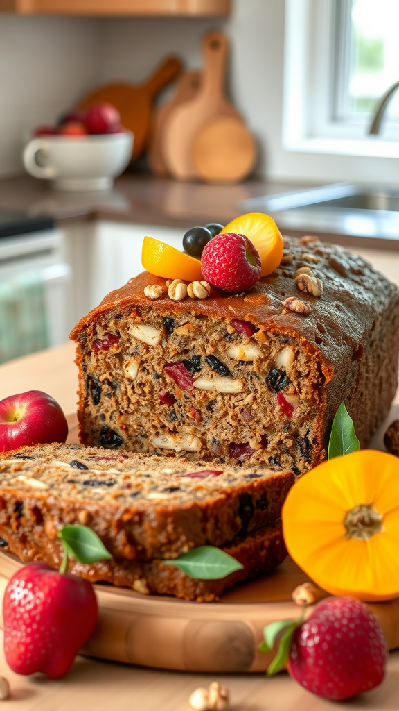 A sliced fruit and nut cake with fresh fruits on a wooden platter.