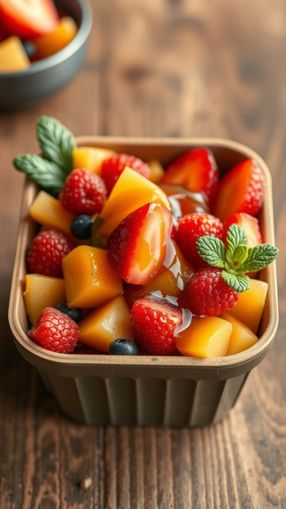 A bowl of vibrant fruit salad featuring strawberries, raspberries, blueberries, and mango slices, topped with honey and mint leaves.