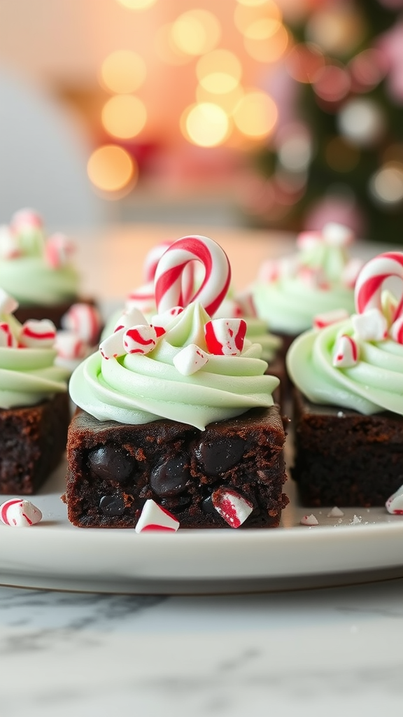 Fudge brownie bites topped with green peppermint frosting and candy canes