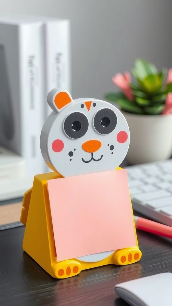 A cute animal-shaped sticky note holder with a pink sticky note, bright colors, and a friendly face.