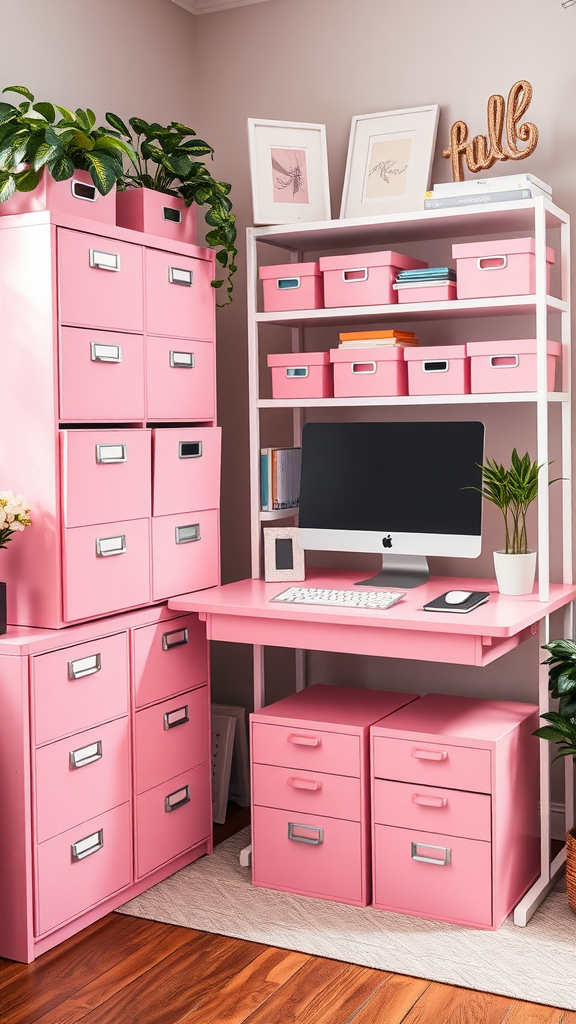 A cozy home office setup featuring pink storage solutions, including a desk with drawers and shelves, creating an organized and vibrant atmosphere.