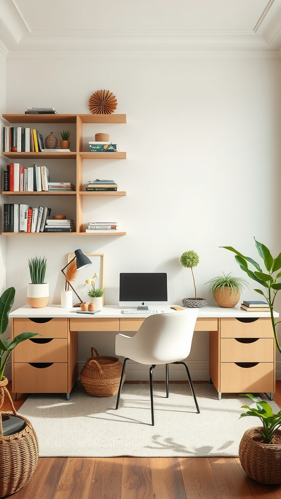 A stylish home office with functional shelving displaying books and plants.