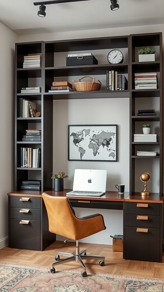 A stylish home office with a large storage unit, a desk, and an ergonomic chair.