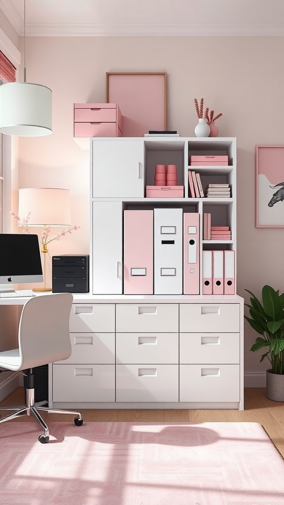 Functional white filing cabinets in a modern office setting with pink accents.