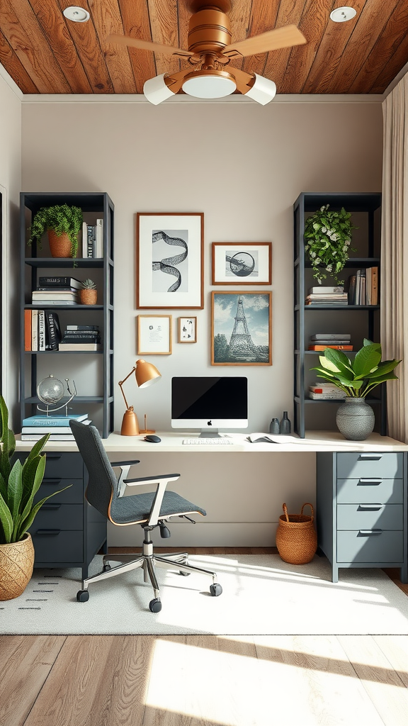 A stylish home office with a desk, computer, and decorative shelves.