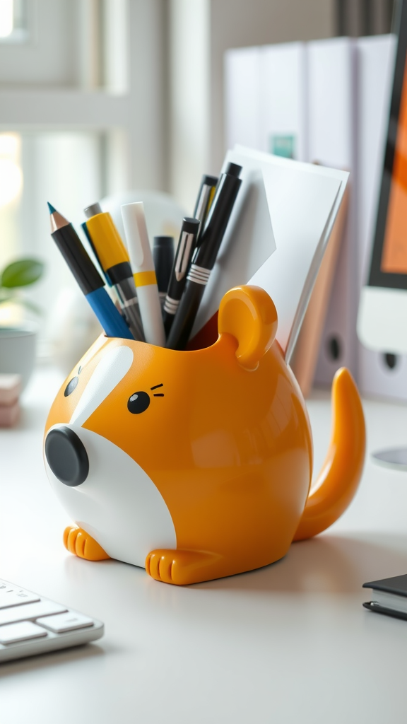 A cute orange desk organizer shaped like a small animal, holding various pens and pencils.