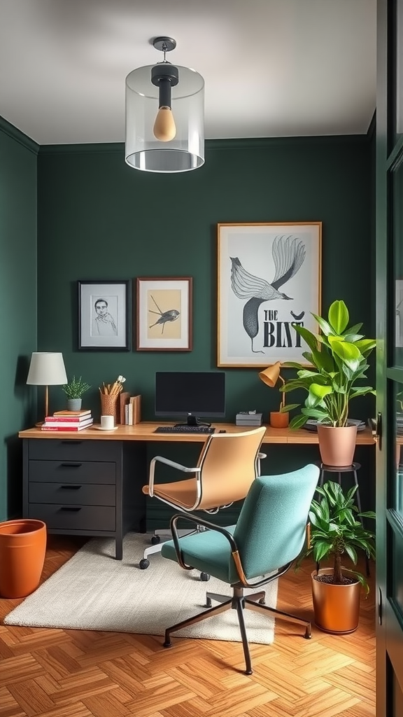 A stylish office with dark green walls, wooden desk, and green chair.