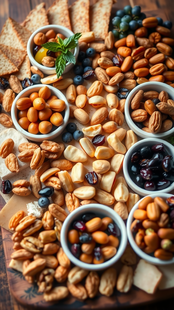 A beautifully arranged charcuterie board featuring a variety of gourmet nuts and dried fruits, along with crackers and colorful garnishes.