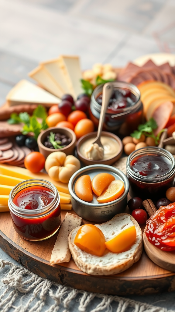 A beautifully arranged charcuterie board with various gourmet preserves, cheeses, and fruits.