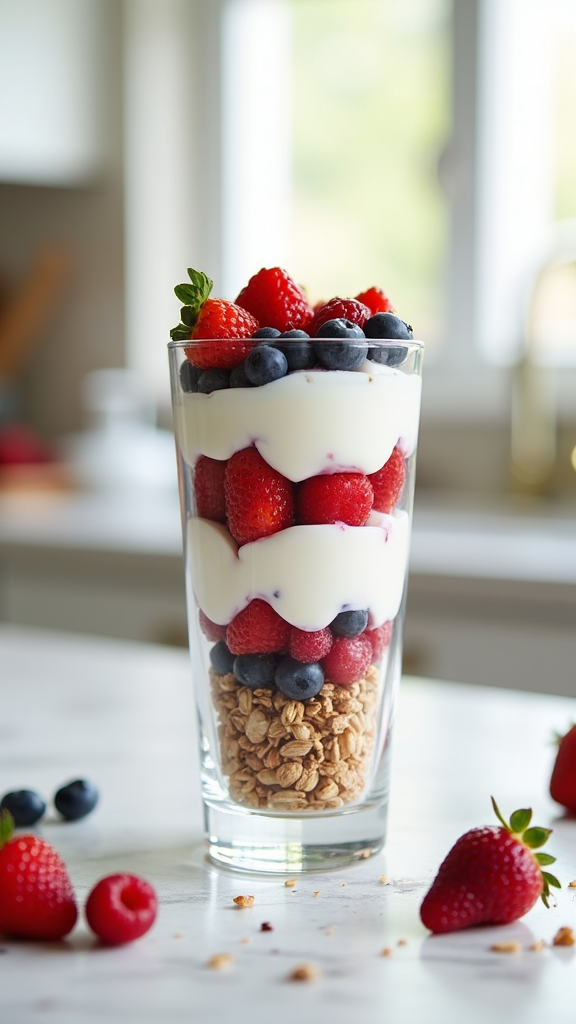 A colorful Greek yogurt parfait with layers of yogurt, granola, and berries in a tall glass.