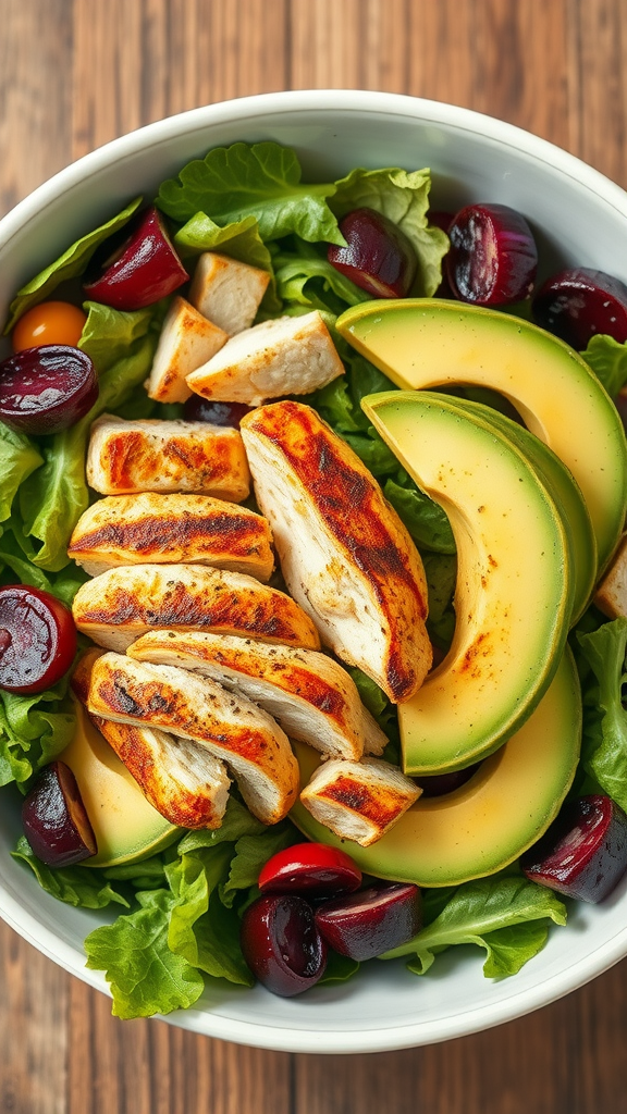 A bowl of grilled chicken, avocado slices, and mixed greens with cherries.