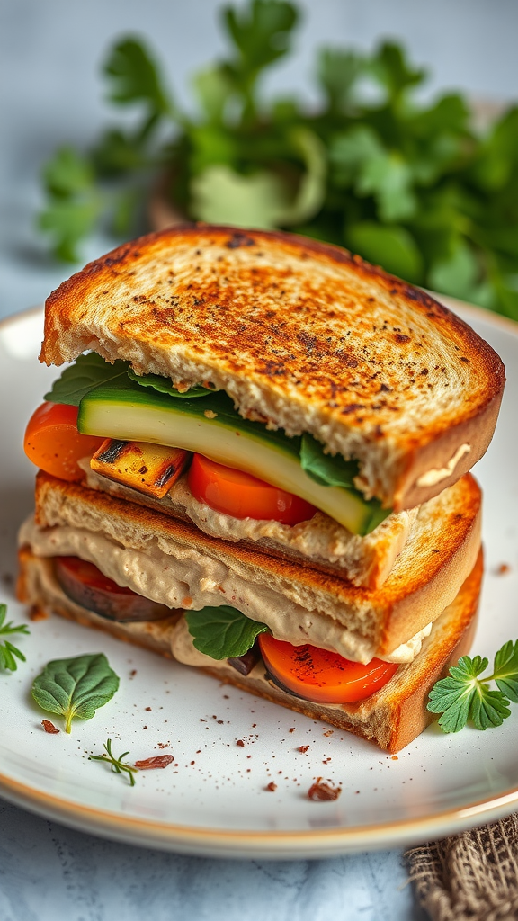 A delicious grilled vegetable sandwich with layers of colorful veggies and toasted bread.